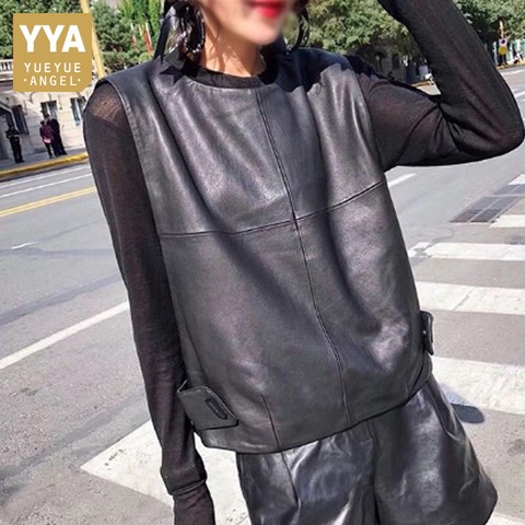 De cuero genuino de las mujeres, chaleco de piel de oveja suelta ajuste Jersey sin mangas chaqueta dama chaqueta otoño corta de piel chaleco Streetwear Tops ► Foto 1/6