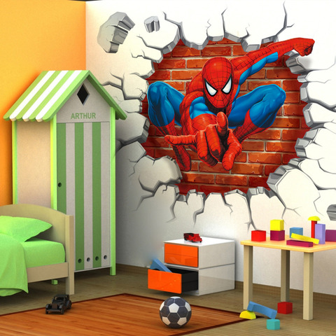 Pegatinas de pared de dibujos animados de spiderman para niños, pegatinas de pared con agujeros en 3d de 45x50cm, para decoración del hogar ► Foto 1/6