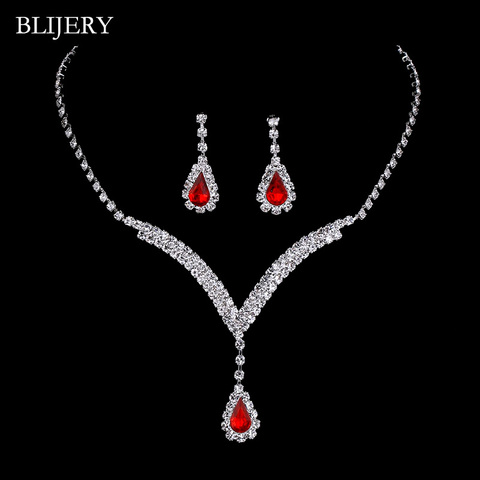 Blijary-Conjunto de joyería nupcial en forma de V plateada, gargantilla de cristal rojo en forma de lágrima, collar, pendientes, juegos de joyas para mujer ► Foto 1/1