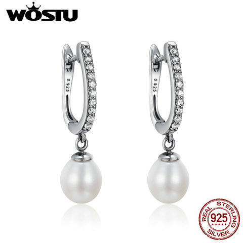 WOSTU 100% plata esterlina 925 puro elegante perla de agua dulce claro CZ gota pendientes joyas de mujer Brincos regalo CQE194 ► Foto 1/6