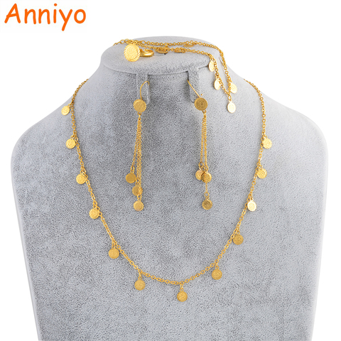 Anniyo juego de joyas de monedas pequeñas para niñas, collar pendiente pulsera anillo Color dorado Arab Jeweler monedas de Metal para Niños #049706 ► Foto 1/6