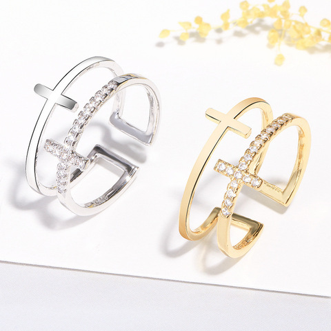 2022 estilo coreano de la plata esterlina 925 de doble cruz anillos de dedo de oro gran Jesús el cristianismo de circón de anillos de compromiso ► Foto 1/5