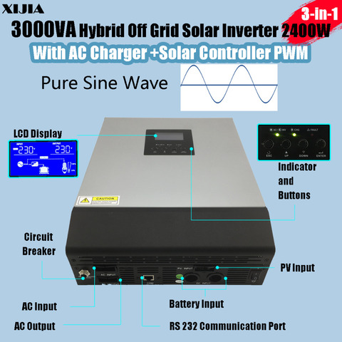 Inversor híbrido 3KVA/2400W onda sinusoidal pura con cargador de CA 30A + controlador de cargador Solar entrada PV PWM 50A 24V DC a CA 220V ► Foto 1/1