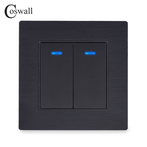 Coswall-Interruptor de luz de pared con indicador LED, lujoso interruptor de 2 entradas y 1 vía de encendido y apagado, Panel de Metal de aluminio negro ► Foto 1/3