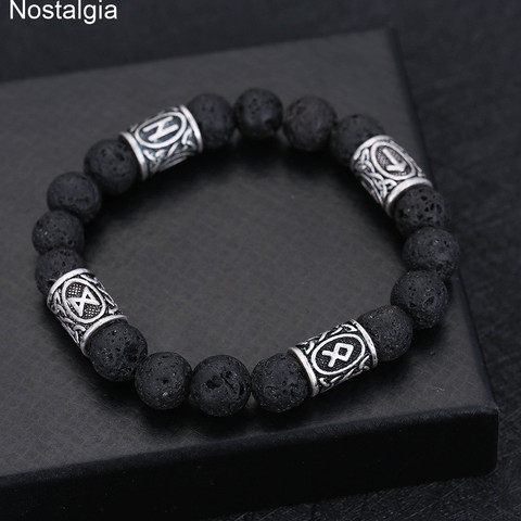 Nostálgica-pulsera de piedras de Lava para hombre y mujer, joyería de Runas Vikingas, amuleto Vintage, accesorios ► Foto 1/1