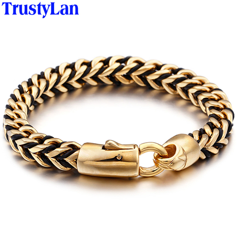 TrustyLan-pulsera trenzada de cuero para hombre, brazalete de la amistad de acero inoxidable, Color dorado, joyería India ► Foto 1/6