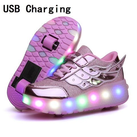 Zapatillas luminosas de dos ruedas para niños, zapatillas de Patinaje con luces Led de color dorado y rosa, zapatos Led para niños y niñas con carga USB ► Foto 1/6