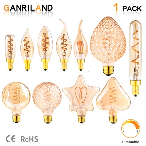 GANRILAND-bombilla Led E14 E27, lámpara de luz con filamento Led regulable, 110V-240V, ultracálido, 2200K, oro, Edison, espiral, ampolla, E27 ► Foto 1/6