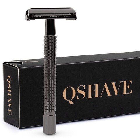 Qshave-maquinilla de afeitar de doble filo, maquinilla de afeitar clásica de Seguridad, de color negro mango largo, mariposa abierta, 1 MANGO y 5 cuchillas ► Foto 1/6