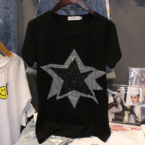 Caliente perforación 2022 nuevo Algodón puro verano manga corta Camiseta todo-fósforo ocio Pullovers negro estrellas patrón ropa C1055 ► Foto 1/6