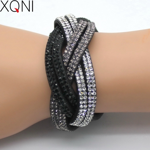 Pulsera de cuero para mujer clásica de marca XQNI brazalete de diamantes de imitación de alta calidad 18 cm ► Foto 1/6