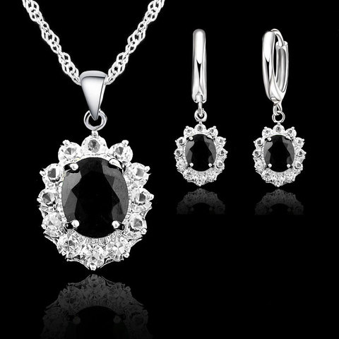 Juegos de joyas para mujer de Plata de Ley 925, piedras de circonia cúbica ovalada negra, collar de boda de princesa, pendientes ► Foto 1/1
