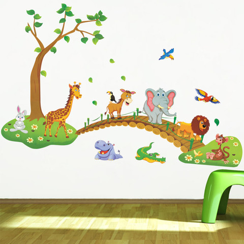 3D de Dibujos Animados de La Selva salvaje animal puente árbol elefante Jirafa león aves flores pegatinas de pared para niños sala de estar en casa decoración ► Foto 1/6