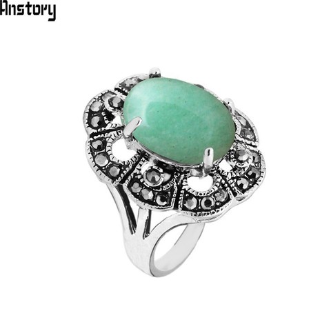 Oval Natural anillos de Jades para las mujeres aspecto Vintage de diamantes de imitación Chapado en plata Flor de ciruela anillo de joyería de moda TR693 ► Foto 1/6