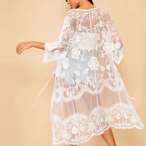 Mujeres Sexy Playa Larga Floral Blusa de encaje de verano Cardigan largo Kimono Kaftan blanco de encaje largo Maxi abrigo Top ► Foto 1/4