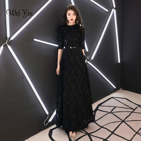 Wei yin-vestidos de noche para novia, elegantes vestidos de fiesta de media manga, de encaje, largo hasta el suelo, para baile de graduación, WY1342, color negro, novedad de 2022 ► Foto 1/5