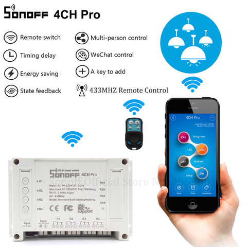 Sonoff 4CH Pro hogar inteligente de la RF Wifi interruptor de la luz 4 3 modos de trabajo empujando de enclavamiento de auto-bloqueo Wifi cambiar de trabajo con Alexa. ► Foto 1/6
