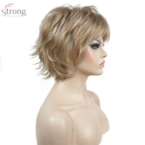 StrongBeauty-Peluca de pelo sintético para mujer, pelo corto recto en capas, color negro/vino tinto, pelucas completas ► Foto 1/6