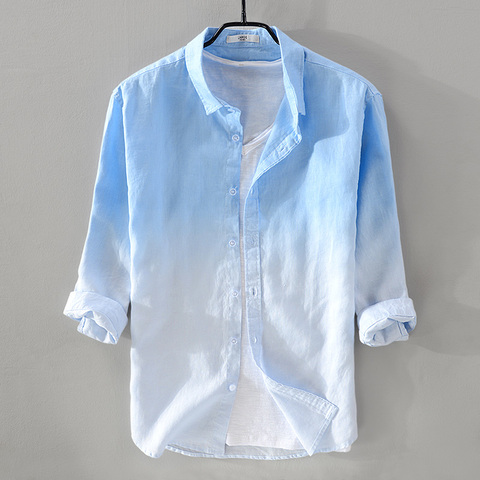 2022 nuevos hombres del verano camisa de lino hombres marca de tres cuartos de manga camisa gradiente azul camisas hombre casual camisa dropshipping ► Foto 1/6
