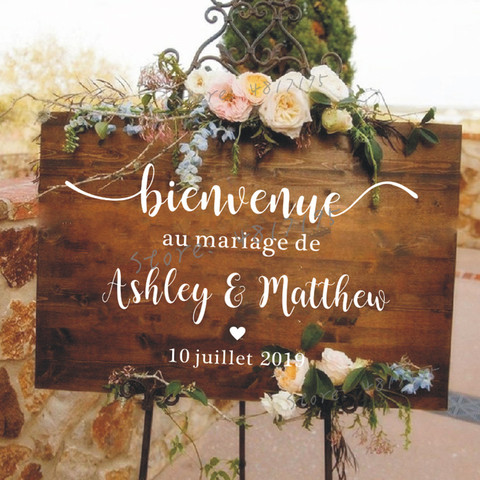 Estilo francés boda espejo vinilo pegatina nombres personalizados pared pegatina boda bienvenida signo vinilo murales romántico Mariage decoración AZ843 ► Foto 1/5