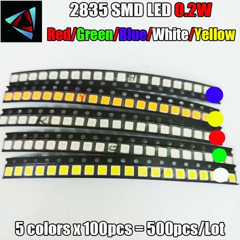 500 piezas 2835 0,2 W SMD LED 5 colores x 100 piezas diodos SMD LED 3528 diodo emisor de luz roja /amarillo/verde/Blanco/azul ► Foto 1/1