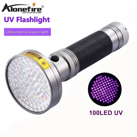 AloneFire 18 W 100Led de alta potencia linterna UV antorcha 395nm escorpiones ultravioleta pet detección de fugas de orina luz led AA batería ► Foto 1/6
