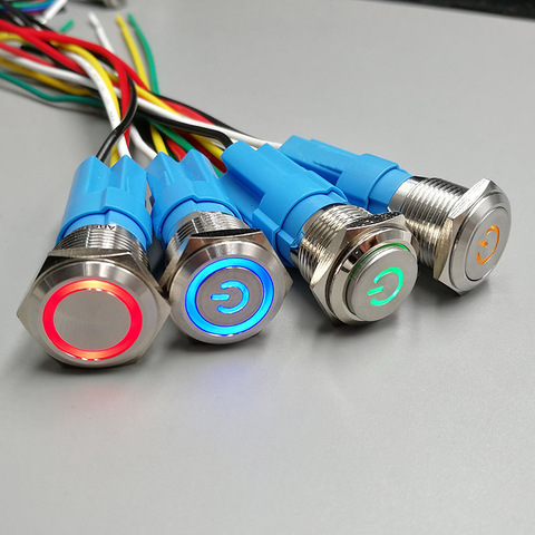 Interruptor de botón de Metal para coche, luz roja, azul y blanca, 16mm, 5V/12V/24V/220V, con luz LED, redondo, resistente al agua, 1 ud. ► Foto 1/6