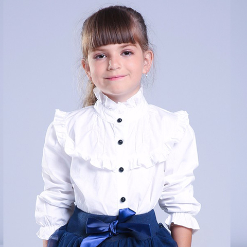 Camisa con volantes para niñas, ropa blanca para adolescentes, blusa de cintura estrecha, Tops infantiles de moda, uniformes escolares, ropa de manga larga ► Foto 1/1