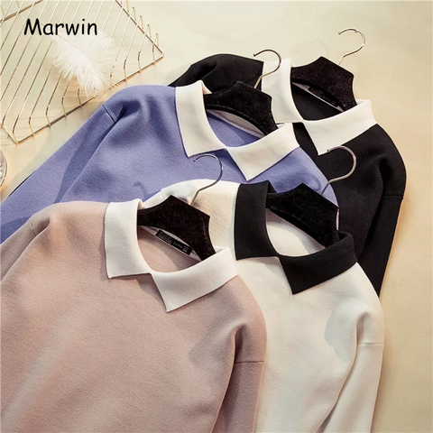 Marwin-jerseys de cuello vuelto blanco rebelde coreano para mujer, suéter de manga larga, suéter Preppy entallado de punto ► Foto 1/5