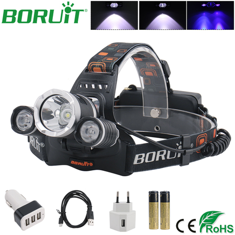 BORUiT-linterna de cabeza LED UV, luz ultravioleta púrpura, recargable por USB, para acampada y caza, batería de 18650, 395nm ► Foto 1/6