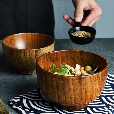 Cuenco de madera de estilo japonés para arroz o sopa, recipiente de comida, tazón grande y pequeño para niños, utensilios de madera, 1 ud. ► Foto 1/6