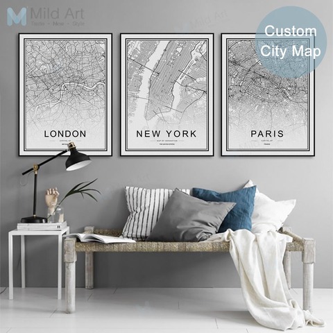 Póster de pared de salón con imágenes artísticas en lienzo para decoración del hogar de París, Londres, Nueva York, negro, blanco, personalizado, mapa de ciudades del mundo ► Foto 1/6