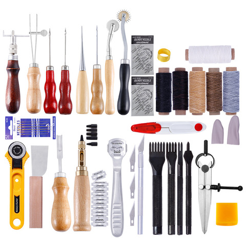 62 unids/set Kit de herramientas para artesanías de cuero, costura a mano, puntada, tallado, sillín de trabajo, accesorios para artesanías de cuero ► Foto 1/5