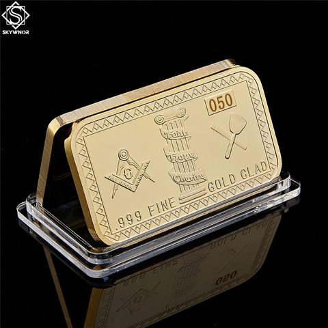 Freemasons masónico desafío moneda barra dorada 999 oro fino revestido 3D diseño con funda ► Foto 1/6