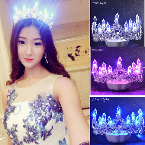 Tiaras con diamantes de imitación de cristal brillante para mujer, diademas con luz LED, adornos para el pelo, joyería, corona nupcial, Reina, Tiara ML708 ► Foto 1/6