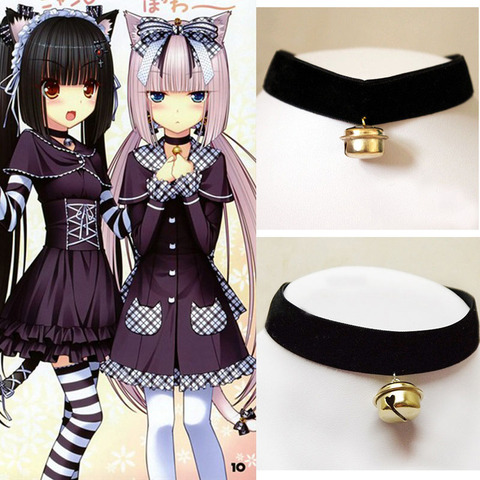 Collar de estilo gótico Harajuku de terciopelo hecho a mano, Gargantilla de estilo Harajuku con cuello de gato y campana dorada suave ► Foto 1/6