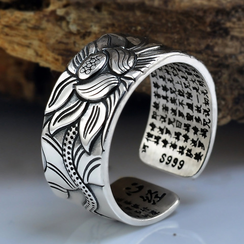 100% Real 999 joyería de plata pura flor de loto anillo abierto para hombre moda masculina tamaño libre budista corazón Sutra anillos regalos ► Foto 1/5