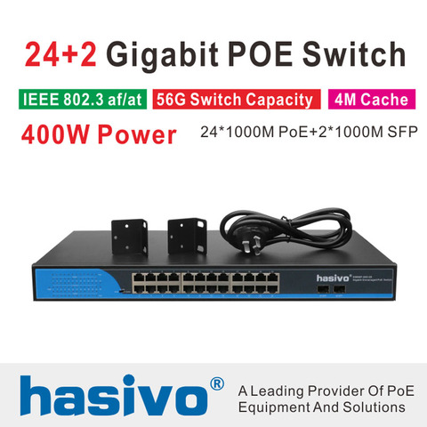 Interruptor POE de 24 puertos con 2 puertos Gigabit SFP 24 PoE 2 puertos SFP Gigbit PoE conmutador de red Ethernet 1000Mbps Rackmount ► Foto 1/4