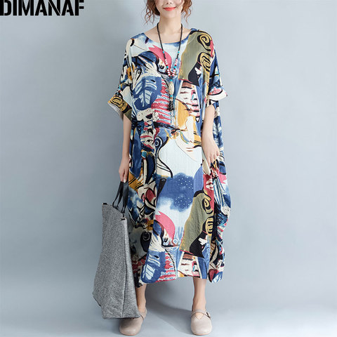 DIMANAF de talla grande vestido de verano de las mujeres patrón de dibujo de almazuela Vintage vestido de lino mujer moda Casual de gran tamaño vestidos elegantes ► Foto 1/6