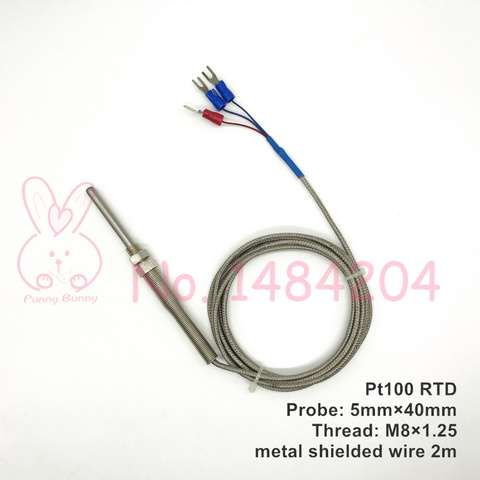 Sensor de temperatura PT100, 5mm x 40mm, sonda de acero inoxidable, rosca M8 de montaje, resistencia de platino, cable blindado RTD de 3 núcleos de 2m ► Foto 1/3