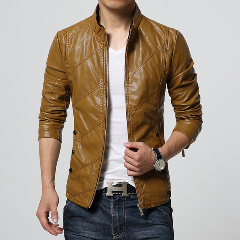 Chaqueta de cuero sintético para hombre, chaqueta ajustada con cuello levantado, de gran tamaño, a la moda, color sólido, para otoño e invierno, europa y américa ► Foto 1/6