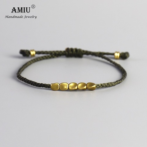 AMIU hecho a mano tibetano cuentas de cobre de suerte verde pulsera de cuerda y pulseras para mujer y hombre de cera de pulseras de hilo ► Foto 1/3