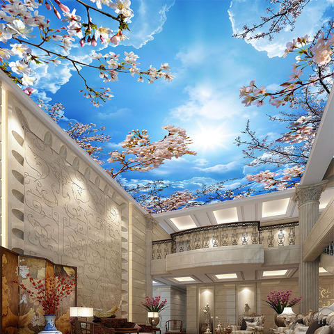 Romántico azul cielo nubes blancas flores de cerezo foto papel 3D Mural de techo habitación Hotel Temático Pastoral decoración de papel ► Foto 1/6