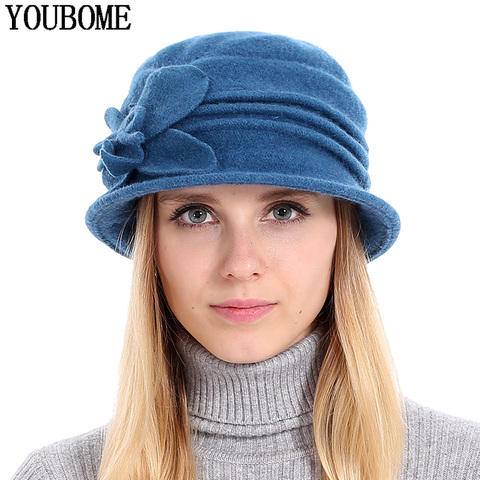 Youblome-Sombrero de fieltro para mujer, 100% de lana con cúpula, informal, Floral, cálido, flexible, liso, suave, para Otoño e Invierno ► Foto 1/6