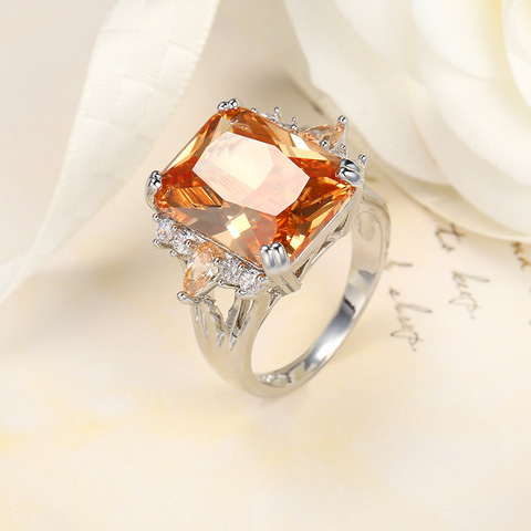 Anillo de piedra de circonia cúbica color champán grande clásico cristal naranja CZ corte lujo anillo de color Plata joyería de mujer ► Foto 1/5