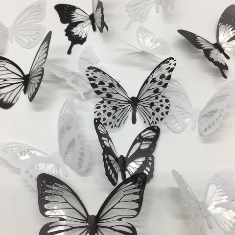 18 unids/set blanco y negro cristal mariposas pegatina de pared para habitaciones de niños arte Mural refrigerador de la boda decoración de la pared ► Foto 1/6