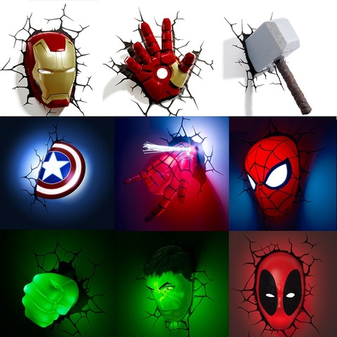 Lámpara de pared LED de Los Vengadores 3D de Marvel para sala de estar, luz nocturna creativa, Iron Man, Hulk, Hammer, Capitán América, como regalo para niños ► Foto 1/6