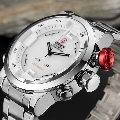 Nueva Marca OHSEN cuarzo Digital de los hombres de negocios relojes blanco Correa totalmente de acero LED de moda militar vestido Casual reloj de regalo ► Foto 1/6