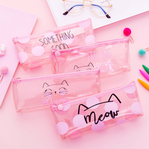 Estuche para lápices Kawaii de gato rosa, suministros escolares para niñas, regalo de papelería, bolsa grande transparente para bolígrafos, material escolar ► Foto 1/6