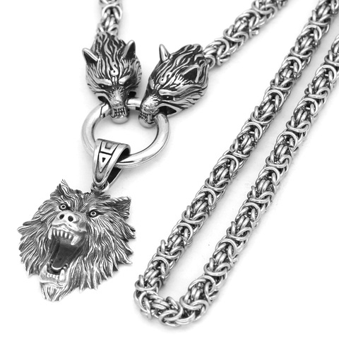 Collar nórdico vikingo Odin wolf con cabeza de lobo Geri y Freki de acero inoxidable para hombres-cadena king con bolsa de regalo valknut ► Foto 1/6